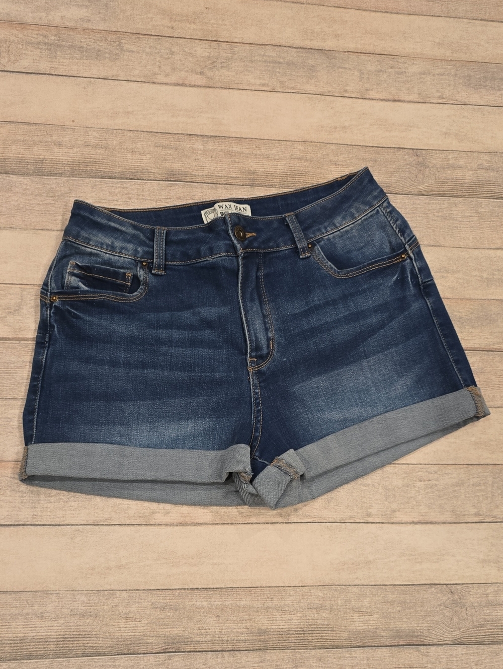 Wax Jean Medium-Dark Blue Roll-Cuff Denim Shorts Stretchy